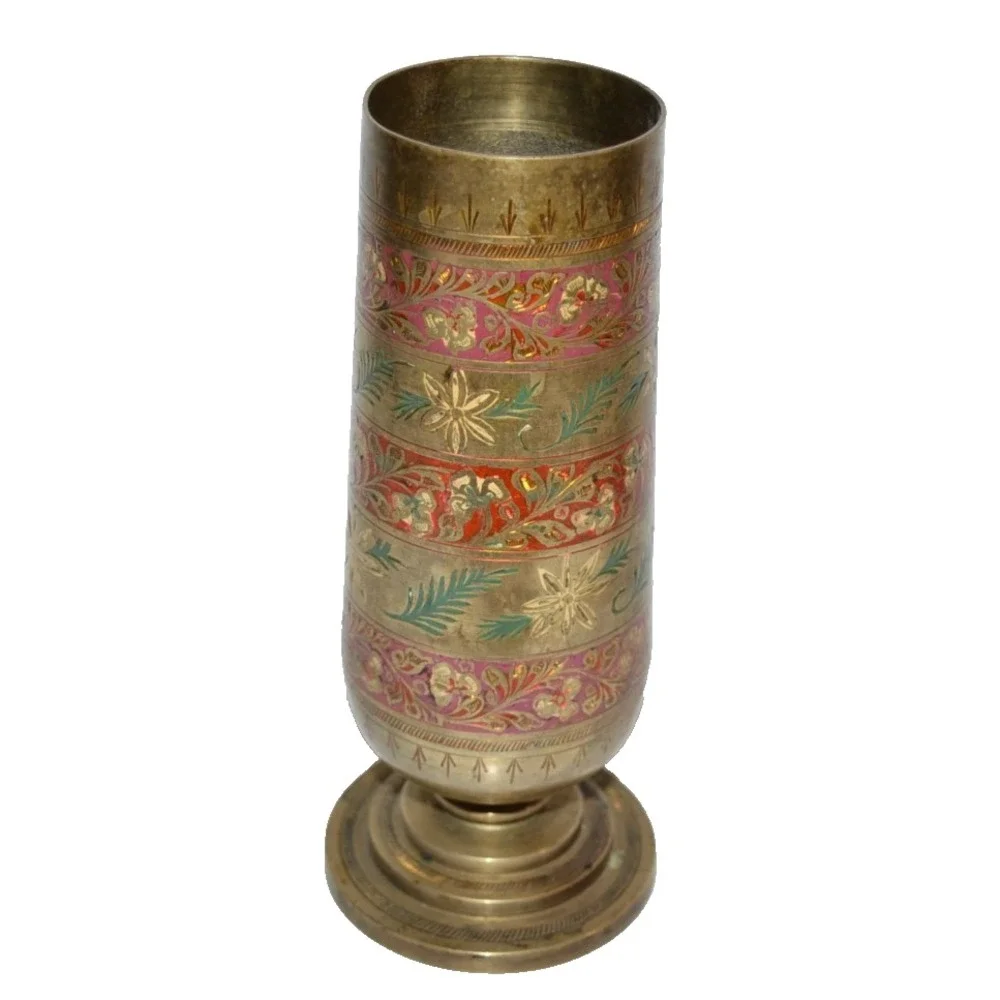 Vtg Brass Colorful Etched Vase Red & Green Footed Made India